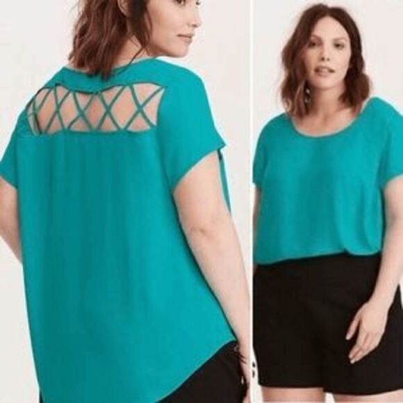 Torrid Teal Georgette Cage Back Cutout Blouse Top Size 1X - Picture 1 of 7